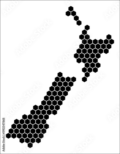 New Zealand simple black and white hexagon map shape template. Country plain hexagon cell dots. New Zealand flat honeycomb boundary. Vector Illustration.