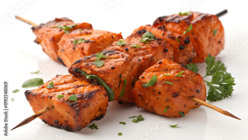 chicken tikka boti pieces grilled with spicy on isolated white background
