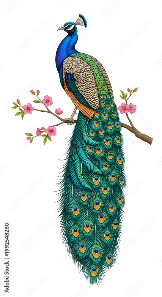 Obraz premium A peacock perched on a flowering branch
