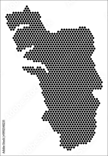 Goa hexagon map. Plain black and white dotted shape template. State tiny hexagon cells. Goa flat honeycomb template. Vector Illustration.