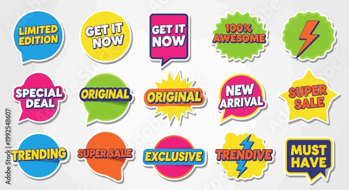 A collection of colorful retail-inspired circular and speech bubble stickers with marketing slogans such as "GET IT NOW," "EXCLUSIVE," and "NEW ARRIVAL" in a playful, cartoon-like graphic style.