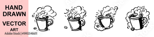 Hand drawn coffee mug with splash and steam vector illustration dynamic beverage cup sketch energetic cafe drink concept black white artistic design set