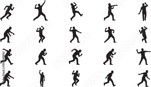 Professional Cricket Bowling Styles and Delivery Mechanism Silhouette Icon Collection.