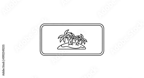 Minimalist line art of a tropical island with palm trees inside a rounded rectangle frame