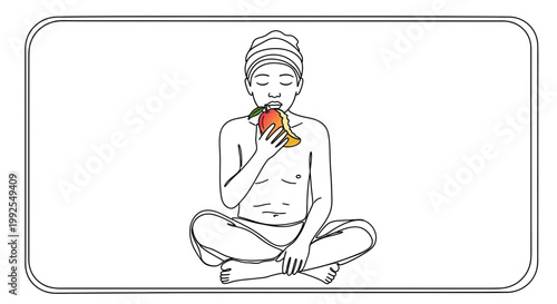 Man eating mango fruit sitting cross-legged, healthy food, summer fruit, fresh, organic, natural