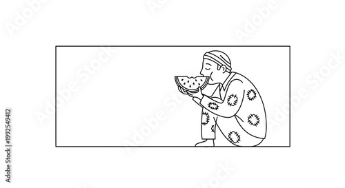 Man eating watermelon slice, black and white line art, simple illustration, summer fruit enjoyment
