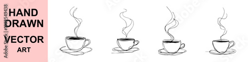Hand drawn steaming coffee cup vector sketch illustration minimal line art hot drink mug isolated elegant simple design cafe beverage icon set