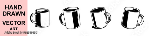 Hand drawn coffee mug vector set black white sketch illustration ceramic cup collection isolated minimal design beverage icon bundle modern clipart artistic simple clean style
