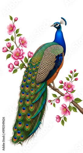 Peacock perched on a flowering branch