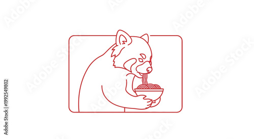 Cute Red Panda Eating Noodles from Bowl, Minimalist Line Art Illustration