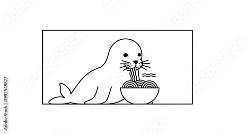 Cute Seal Eating Noodles in Bowl, Kawaii Animal, Funny Cartoon Illustration