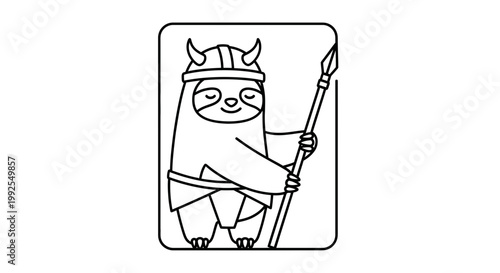 Cute Sloth Viking Warrior with Spear, Cartoon Character, Funny Animal Illustration