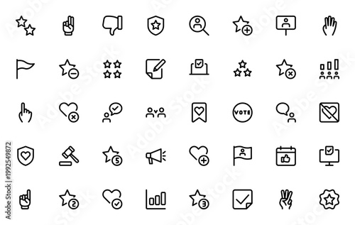 Votes icon set. Political vector icons pack. Includes vote, candidate, star, heart, hand, flag, law, debate, chart and more. Editable stroke.