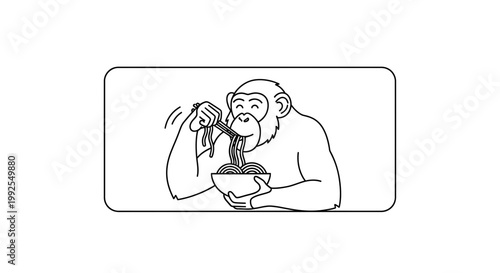 Chimpanzee Eating Noodles with Chopsticks, Funny Animal Food Illustration