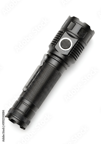 Black tactical flashlight with a white ring