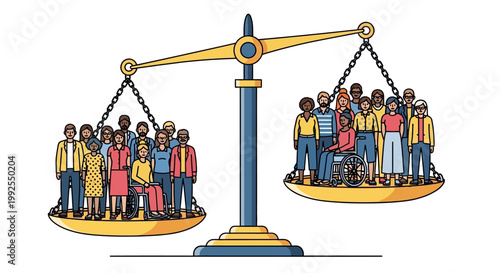 People standing on a balance scale.