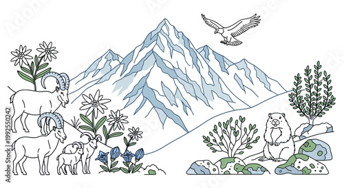 Mountain Goat and Animals Ecosystem.
