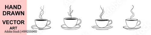 Hand drawn coffee cup line art vector set minimal sketch illustration hot beverage mug with saucer isolated elegant simple cafe drink design collection