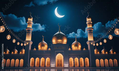 Islamic mosque, illuminated at night, crescent moon, Ramadan architecture, golden domes isolated on Transparent Background