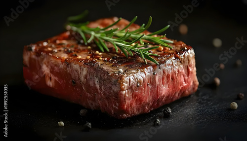 Grilled beef steak, a premium cut such as Ribeye (Noix) or Sirloin, cooked medium-rare on a dark grilling surface.