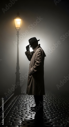 Man In Trench Coat And Fedora Hat Standing Under A Lamp Post On A Foggy Night