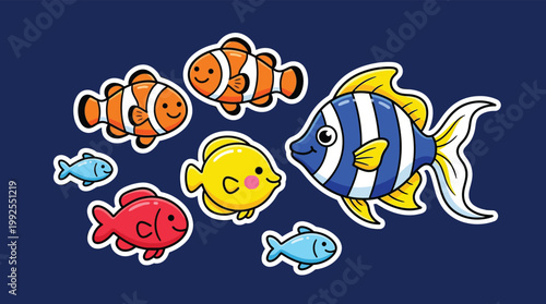 Cute Cartoon Tropical Fish Sticker Set Illustration with Colorful Marine Life for Kids Education and Ocean Theme Design