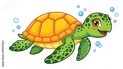 Cute Sea Turtle Character Swimming Cartoon Vector Illustration Isolated on White Background for Children Marine Life Designs