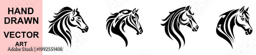 Hand drawn horse head vector logo set elegant equine portrait silhouette black white minimal line art modern branding icon isolated background design