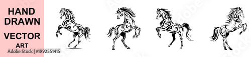 Hand drawn tribal horse vector set rearing stallion illustration decorative equine silhouette collection black white tattoo style design isolated background for branding logo emblem artwork