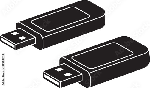 USB flash drive icon set, portable data storage device silhouette, external memory stick technology vector illustration
