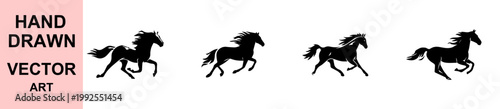 Hand drawn running horse vector silhouettes galloping stallion set dynamic equine movement black white graphic icons isolated background illustration speed motion design
