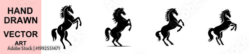 Hand drawn horse silhouette vector set rearing stallion icons black white flat design simple equine shapes isolated background modern minimal graphic collection