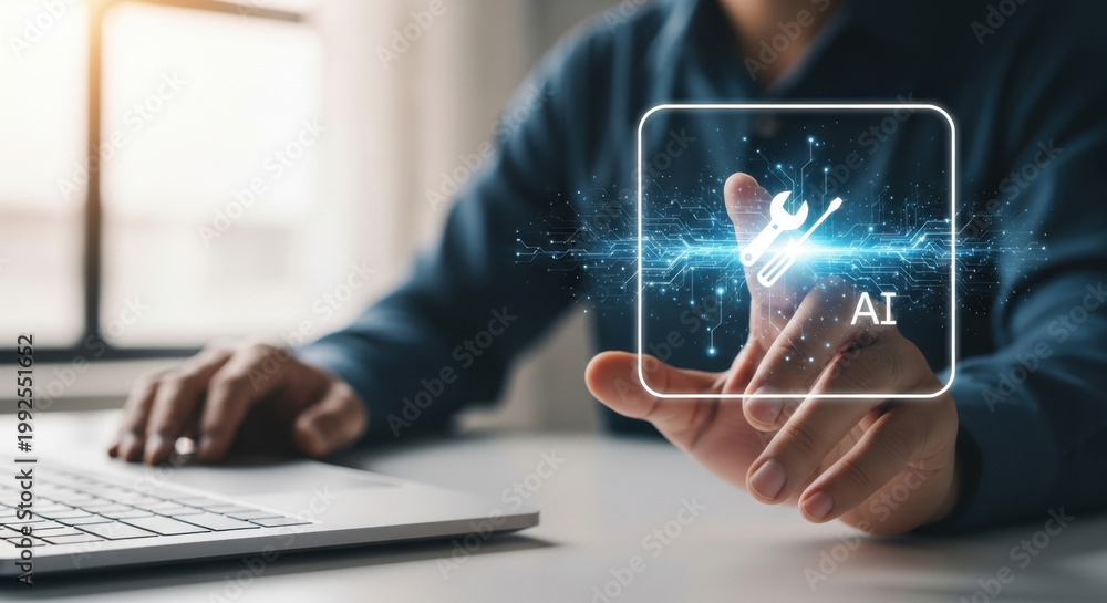 Fototapeta premium AI-powered automated debugging or troubleshooting. Artificial intelligence diagnostics and detection. System engineer using laptop to instruct AI monitoring. Engineer instruct AI for maintenance 