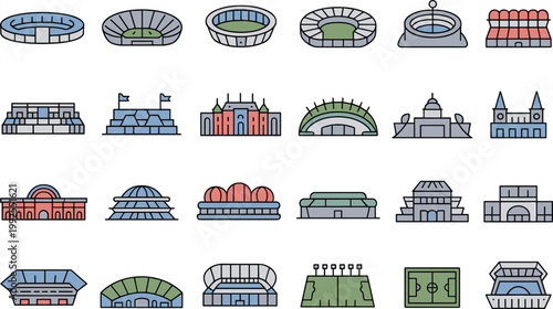 Stadium icons set, sports arenas and venues architecture line illustration