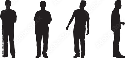 Young man silhouettes set, casual standing walking poses vector illustration
