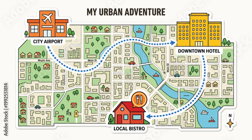 Colorful Vector City Map Illustration Featuring Airport Hotel and Restaurant for Urban Travel Planning and Navigation