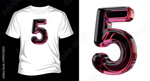 Number five t-shirt design with translucent red glass effect and black glossy highlights vector art print templet.