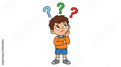 Thinking Boy Cartoon Character with Question Marks Above Head Representing Confusion and Curiosity