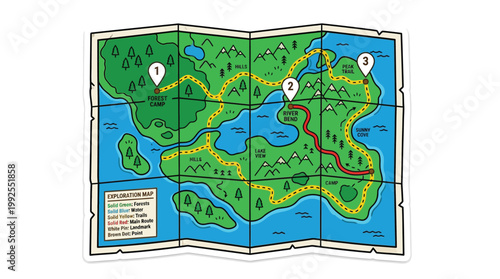 Stylized Cartoon Exploration Map Vector with Forest Hills Lake and Hiking Trails for Adventure and Gaming Assets