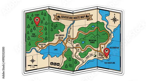 Illustrated Adventure Route Map Folded Paper Design with Winding Path Through Forest Mountains and Coastline for Travel Planning