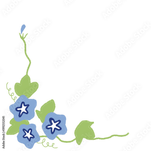 朝顔のL字フレーム・メッセージカード素材　背景透過　ブルー　手描きイラスト