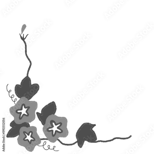 朝顔のL字フレーム・メッセージカード素材　背景透過　モノクロ　手描きイラスト