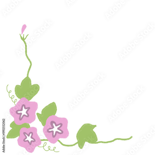 朝顔のL字フレーム・メッセージカード素材　背景透過　ピンク　手描きイラスト