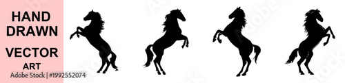 Rearing horse silhouette vector collection strong stallion poses isolated on white background hand drawn style equine illustration for logo branding tattoo and graphic design