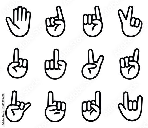 

Hand gestures icons set, universal communication symbols, pointing, thumbs up, okay, stop, and victory signs, modern flat vector illustration 