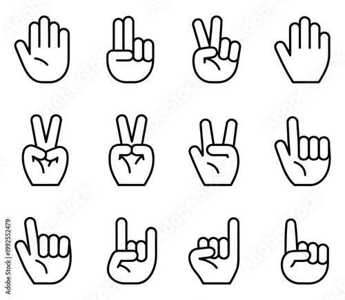 Hand gestures icons, simple human hand communication symbols, approval, warning, greeting, and interaction gestures