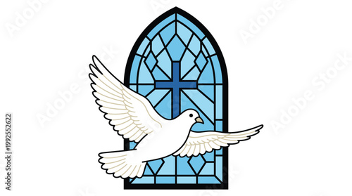 White Dove Flying in Front of Christian Stained Glass Window with Cross Symbol Illustration