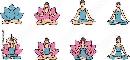 Collection of yoga pose icons featuring women meditating in lotus position with lotus flowers flat vector illustration for wellness and fitness concepts