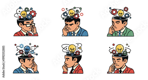 Conceptual illustrations of thinking process with lightbulb and gears