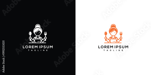 Minimalist Female Chef Logo Design with Spoon and Fork for Restaurant or Cafe Branding